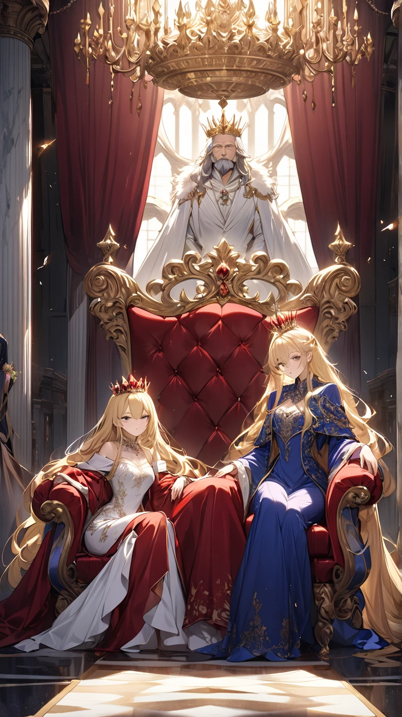 Highest quality、Ultra-high resolution、Fantasy、roleplaying game、A sexy, small breasted, blonde, long-haired woman sitting on a throne and wearing a crown、Audience Chamber