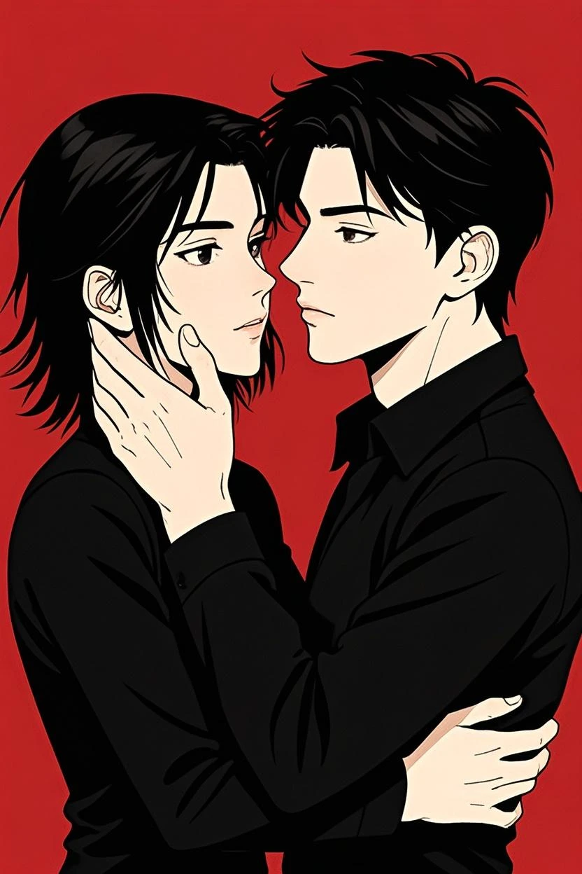 masterpiece, top-quality, realisitic, Young men2name, tall muscular, a handsome, Beautiful skins,Attractive and delicate eyes、stare at each other、Trying to kiss、 portraitures, extra detailed face, (Black hair), (Untidy hair), Casual clothing, blue open sky