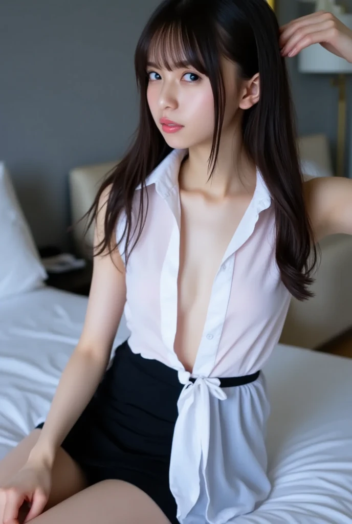 ulzzang-6500-v1.1, (Raw photo:1.2), (photorealistic), (genuine:1.4), (muste piece), A female college model in a white shirt and panties poses for a photo, sitting on the bed、wearing white clothes, smooth white tight clothing suit, tight shirt, japanese model, 2 4 year old female model, young slender gravure idol, good young girl, wearing tight shirt, Real young gravure idol,