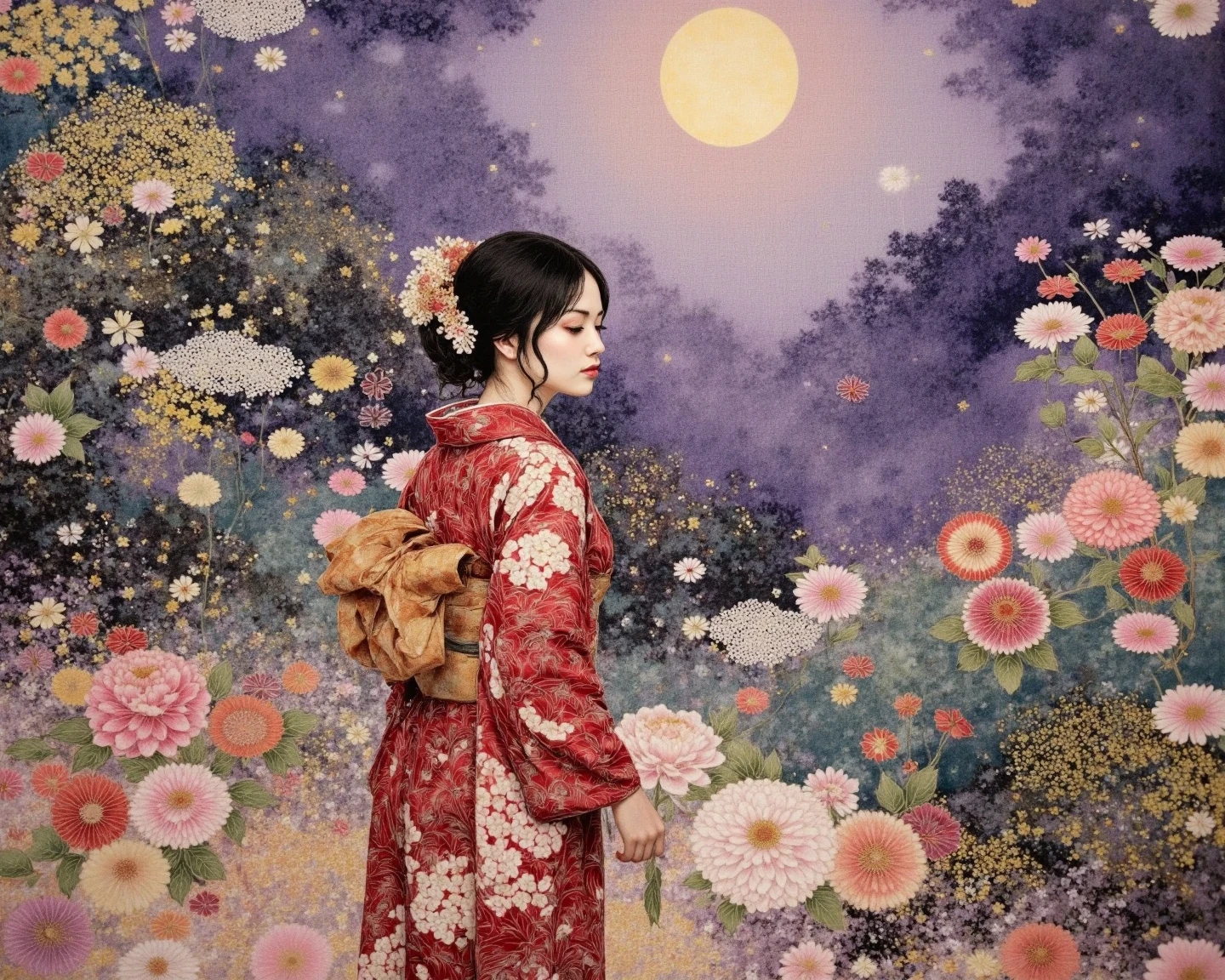 Under the Moonlight、Flowers Blooming Gracefully々、Traditionalな着物を纏った女性、serene natural landscape portrait、 Peaceful Scenery 、high quality,8K,superb detail,Studio Lighting,Extreme Details,professional,Vivid Colors,bokeh、Traditional、fantasy,digital art、digital illustration,watercolor、Delicate Expression,standing,moist atmosphere