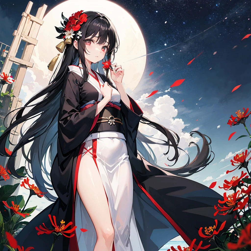 ((absurdres)), hd, uhd, (((HDR))), ((best quality)), (ultra high quality), (hi-res), ((1girl)), solo, alone,
hmshiki, very long hair, ahoge, hair flower, hair ornament, blue eyes, floral print, (layered clothes:1.2), japanese clothes, white kimono, lips slightly parted, facing viewer, ((dynamic)), one leg behind, japan, outside, buildings, standing in a neighborhood street, gripping katana in right hand, night time, additional lighting, moon, Japanese scenery, barefoot