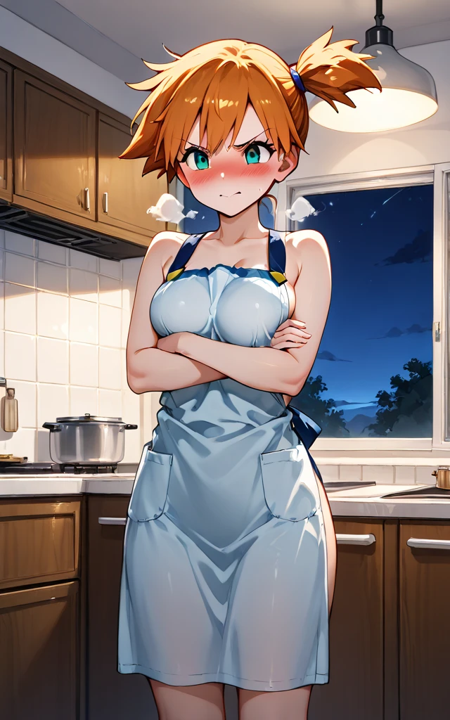 Kitchen Shooting,Show the whole body,Four-leaf clover girlfriend, nakano yotsuba, bangs, short hair, blue eyes, Hair between the eyes, Hair Ribbon, hair band, Orange Hair, Green ribbon,,Big Breasts,Cleavage,Naked Apron,White apron