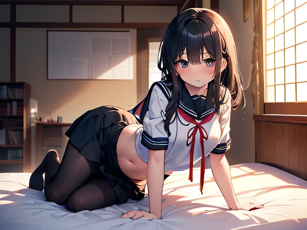 highest quality、High resolution、detailed background、cute hairstyle、sexual uniform、sexy uniform、pleated mini skirt、on the bed、panty shot、white panties、underboob、underboobが見える、sexual expression、camel toe、not wearing underwear、He glares at me as he takes off his clothes..、take off one's clothes in disgust