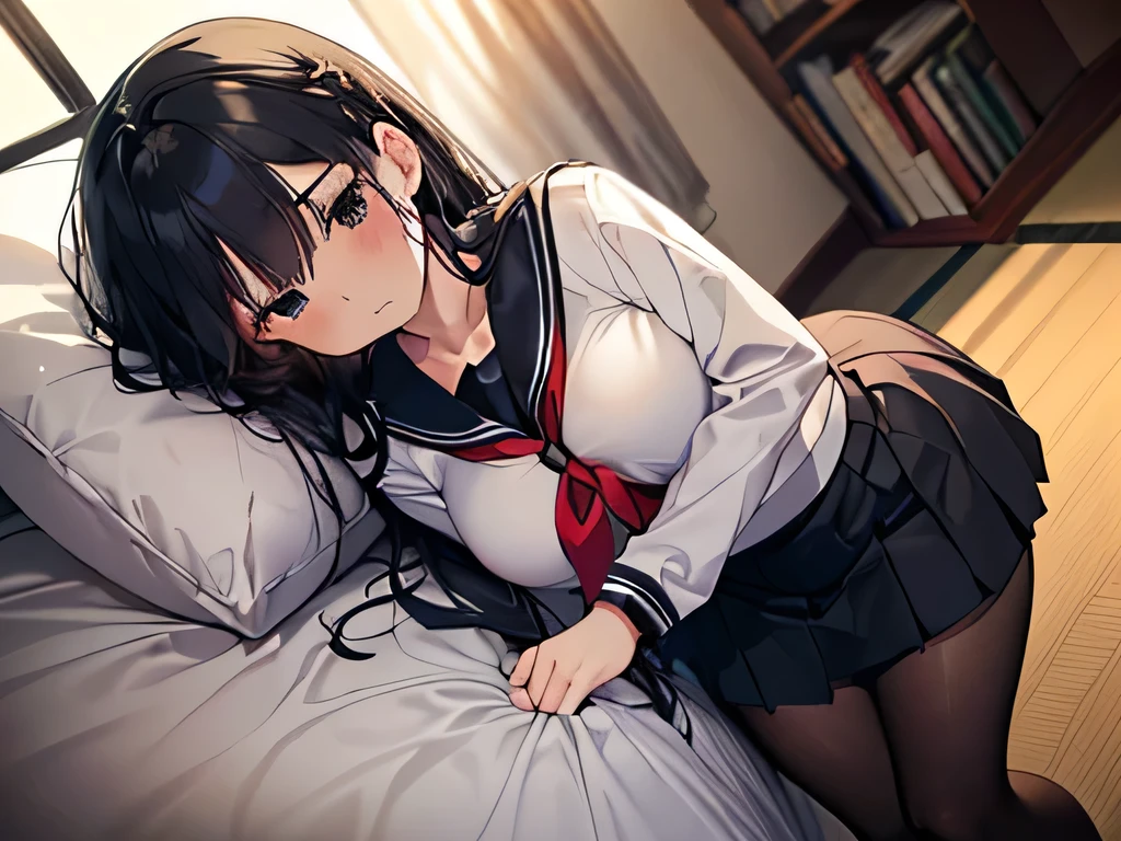 top-quality、masterpiece、Slender body type、Innocent expression、Full body、(Black Saihai Knee Socks:1.2)、small head、A detailed face、red blush flustured、Open your mouth small、A detailed eye、(独奏、1girl in)、View here、Bright living room、From an angle、Black hair Long hair、White ribbon、middlebreasts、Dark blue blazer,White blouse、a miniskirt、 Red Ribbon Tie、Crystal clear facial skin、middlebreasts、cleavage of the breast、