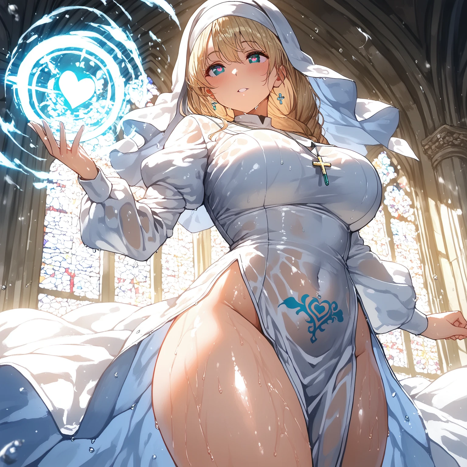 A hyper-realistic, photorealistic, 8k, high-detailed illustration of a voluptuous, lascivious and buxom cleric, with exaggerated, obscene features, wearing an ornate religious habit, divine aura, chiaroscuro lighting, baroque style, rich color palette, oil painting
