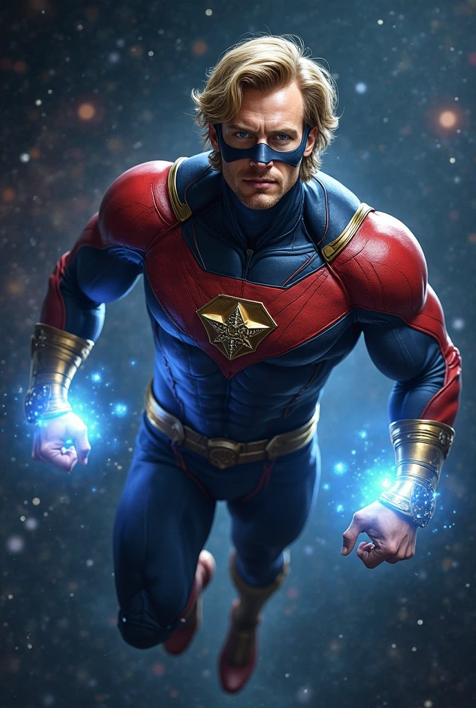 Male super hero, outfit inspired in Captain Marvel, Galaxy background, blonde shirt beard, bald, light power, blue eyes