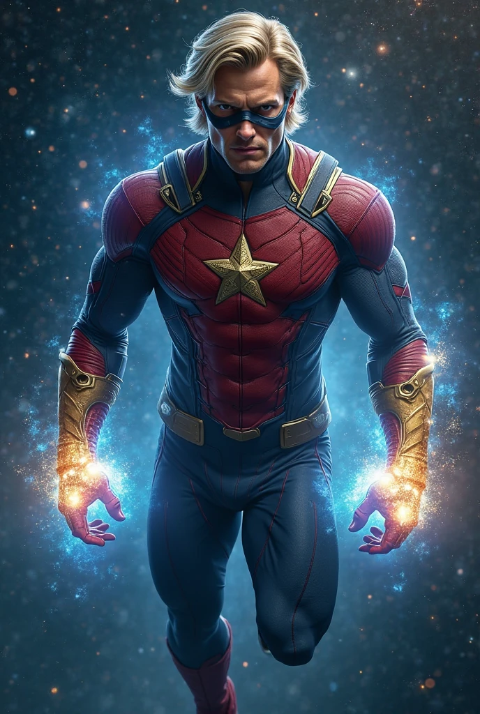 Male super hero, outfit inspired in comics Captain Marvel, Galaxy background, blonde shirt beard, bald, light power, blue eyes, realistic art, young