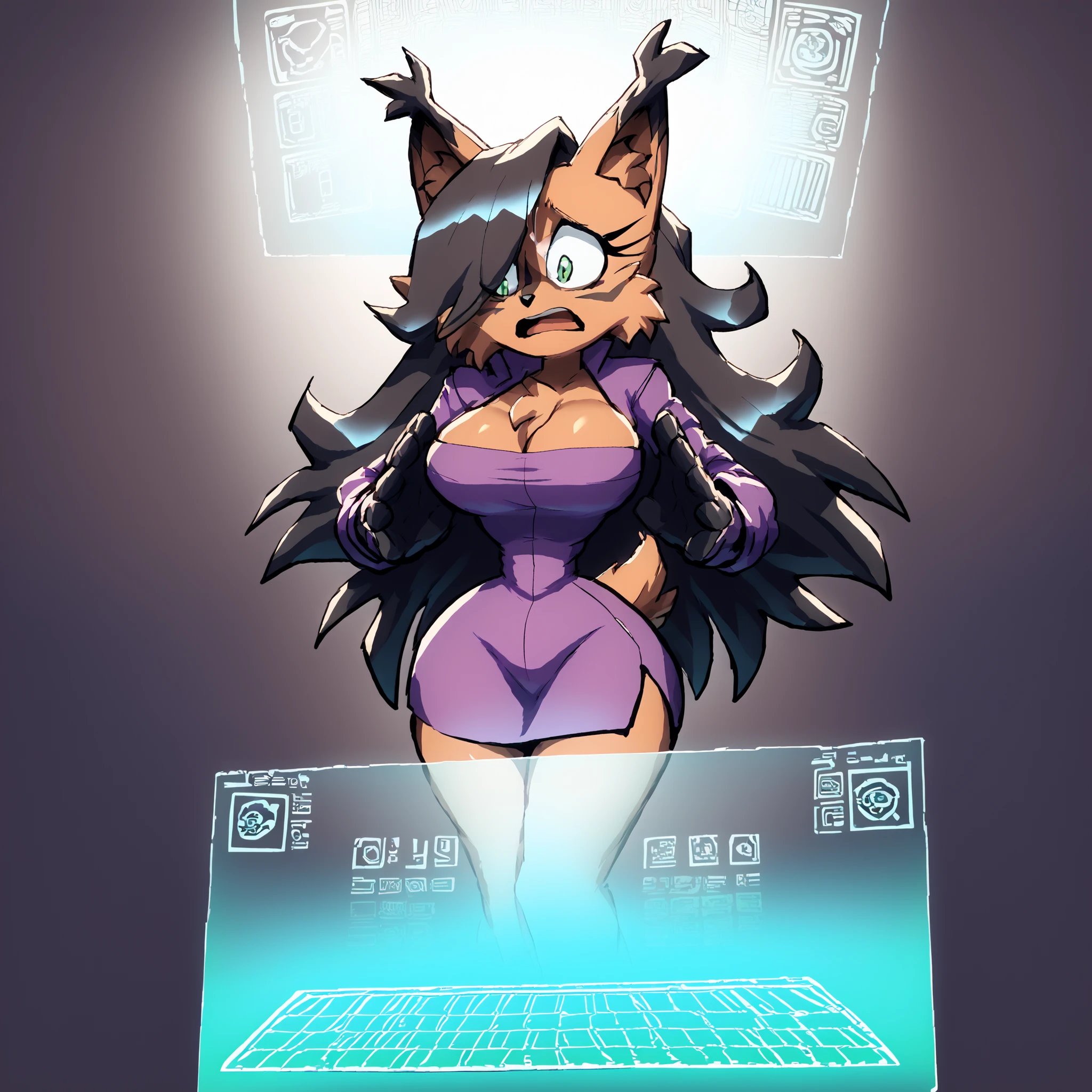 (Hair bangs over one eye), long black hair, ((long hair)), nicole the lynx, green eyes, black hair, brown fur, ((clothing forming holographically)), wide hips, narrow waist, large breasts, (purple jacket), pencil skirt, (pixels flying around), (((holographic pixels creating dress))), Mobian Lynx, 1girl, floating, (Lynx), bigdad/character, (Mobian), female, young adult, large breasts, solo, open mouth, shocked, embarrassed, bending forward, (looking down at chest), makeup, ((virtual reality laboratory)), holographic effects, (masterpiece), best quality, highres, 4k, 8k, Detailed Illustration, intricate detail, cinematic lighting, amazing quality, amazing shading, soft lighting,