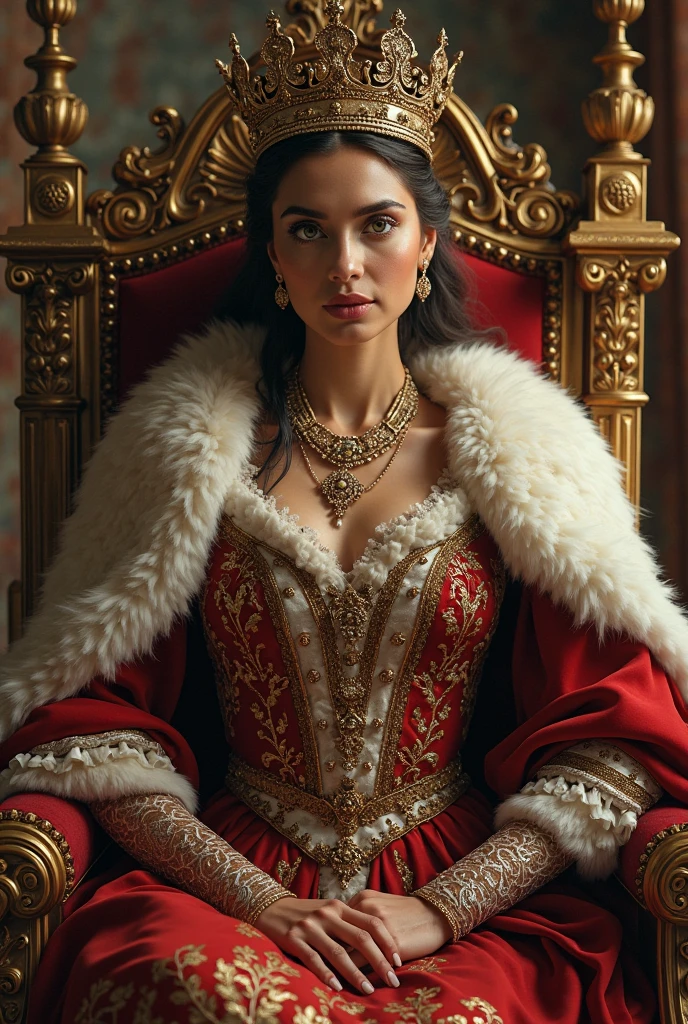 (best quality,4k,8k,highres,masterpiece:1.2),ultra-detailed,(realistic,photorealistic,photo-realistic:1.37), Half body shot:A stunning portrait of Roxelana, the powerful and influential wife of the Ottoman Sultan Suleiman the Magnificent. Roxelana's expressive, mesmerizing eyes captivate the viewers, with intricate details that bring them to life. Her graceful posture exudes confidence and strength. She is adorned with elaborate jewelry - a crown embellished with precious gemstones, and delicate earrings that sparkle in the light. Her lips are delicately painted, adding a touch of allure. The soft glow of natural light caresses her flawless complexion, beautifully highlighting every contour and feature of her face. The background is a rich tapestry, with vibrant hues and intricate patterns that symbolize her royal status. The painting embodies the timeless beauty and power of this historical figure, capturing her essence with utmost precision and artistry. [oil painting], [real gold leaf], [gemstone embellishments], [intricate lace details], [rich velvet fabrics], [exquisite silk brocade], [elegant floral motifs], [regal Byzantine throne], [ornate palace setting], [lush garden backdrop], [golden chandelier], [ethereal atmosphere], [subtle shadows], [masterful brushstrokes], [vivid colors], [baroque style], [dramatic lighting], [mysterious ambiance]. deep cleavage, sexy deep cleavage, medium size beautiful breast, big breast,

 ....Tall, Athletic, Triangular Face, Fair Skin, long brown Hair, hazel Eyes, [[Curved Nose]], Thick Lips, Round Chin, Instagram model, cheerful smile, medium breasts, coral stain lipstick,
Masterpiece, hi res, 8k, award winning, RAW photo, high quality, 35mm photograph, film grain, bokeh, professional, 4k, highly detailed, 