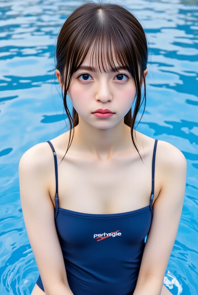 Dreamy atmosphere, High Contrast, Ultra Sharp, Studio shot、Upper body portrait、Angle from below、(navy school swimsuit :1.2), (small breasts), Focus on the chest、Slim Body Enhancement、Realistic、Realistic、Highly detailed cute girl、alone、18-year-old、Japanese、Melancholic expression, Brown Hair、Medium long cut hair, Pool for background、Out of focus、Blur、