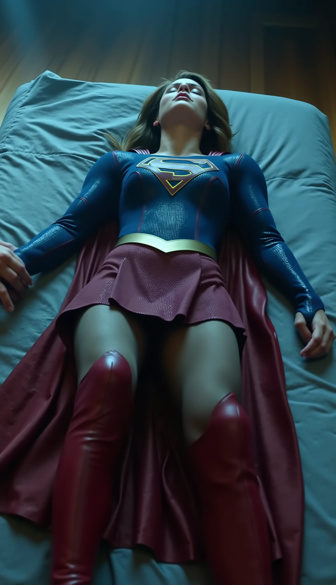 (((Highest quality、8K、masterpiece:1.3))、Supergirl、胸にSupergirlのロゴ、Sharp focus:1.2、Beautiful woman with perfect figure:1.4、Slim Abs:1.2、((Layered Cut、Huge boobs:1.2))、Wet body:1.5、非常に詳細な顔と肌の質感Supergirl、Bloodstained、Clothes are shredded、Torn、Highest quality, Familiar, High resolution), 1 Girl, Supergirl、Super Heroine、Bishoujo Warrior、defeat、Lying down'return、fall、knock out、フィットしたSupergirlのコスチューム、Enlarge your breasts、Muscular、alone, From above,sleepy, sleepワイン, Doll joints、sleep、it hurts、it hurts look、syncope、cadaver、Beautiful crotch、High detail、8K