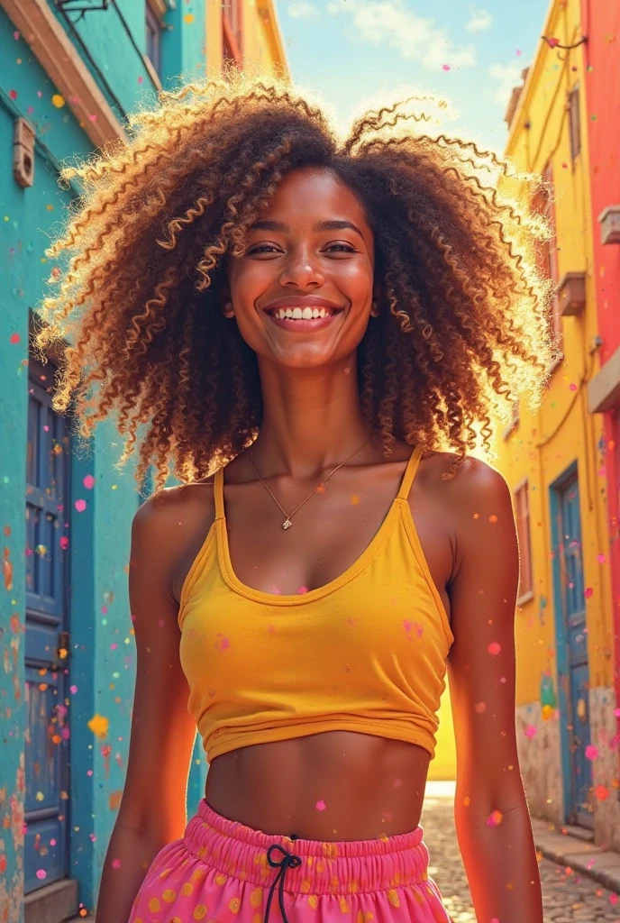 A girl with very curly and voluminous honey-colored hair, with green eyes on her face she has a bit of freckles and has a very confident look and a very big butt