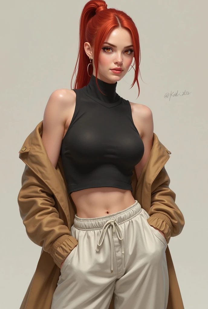 create sexy redhead university professor . wearing a short red leather skirt ,high nick black wool top showing her slim waste ,
