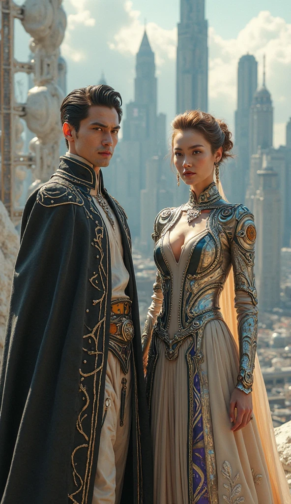 aerial view, queen athena, black hair, big chest protruding, fairytale royal shining blue white gradient gold green electric purple red cosmic motif sag attire, shining white gradient red hologram pink shawl, dynamic standing on geometric transparent glass bridge with indonesian prince beside him with prince fairytale attire, side view, facing the camera. city, sun, bird, chest view, clouds, sky, daytime. Taken with Sony FE 85mm F1.8, professional photo, close up