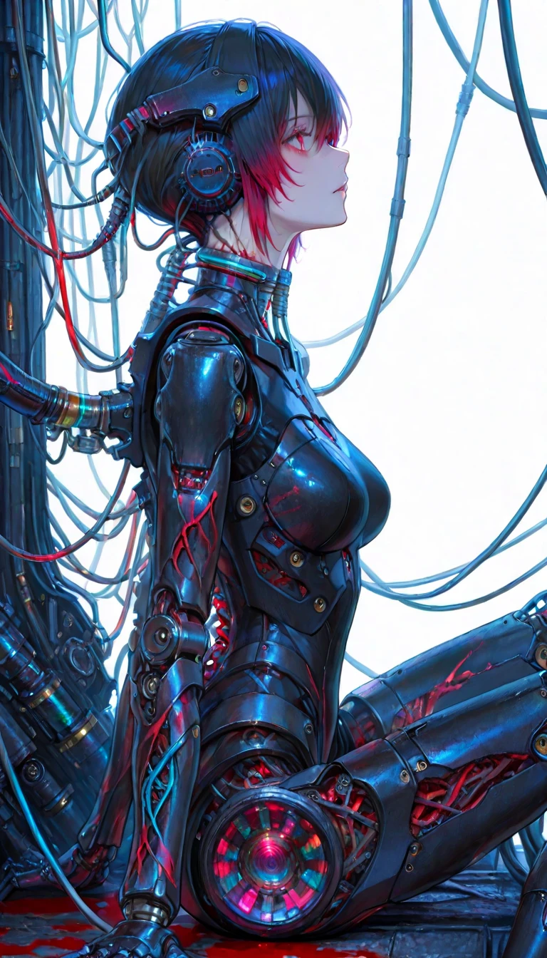 (tmasterpiece,top Quority,best qualtiy,offcial art,Beauty and aesthetics:1.2),(1 mechanical girl:1.3),(Only the upper body:1.4),huge tit,Beheaded at the waist(Exposing internal organs,Mechanical internal organs),blood vess,(Being pierced through the body:1.4 ),Extremely detailed,plethora of colors,Most detailed((ultra - detailed)),(highly detailed CGillustration),((Very fine and beautiful),(From the side Side),(Machine-made joints:1.2),((Mechanical limb)),(Blood vessel attached to tube), (Mechanical vertebrae are attached to the back),((The mechanical cervical vertebrae are attached to the neck)),(sitted),face expressionless,(Wires and cables are attached to the neck:1.2),(Wires and cables on the head:1.2)(Character focus),Science fiction,White background,(bloods:1.5),