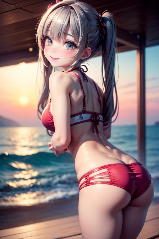 (from below:1.2),((1girl:1.5),curvy,petite,beautiful breasts,pale skin,(pointy breasts),(erect nipples)),((realistic:1.2),high resolution,best quality,masterpiece,Sense of presence:1.5,((Dynamic,bold)))),(extra long High ponytail),(straight hair),(Swept long bangs:1.5),(extra light coppery red hair),((hair over one eye:1.5)),((clothed),swimsuit),(pool side,sunlight),(porn image),(stretching)