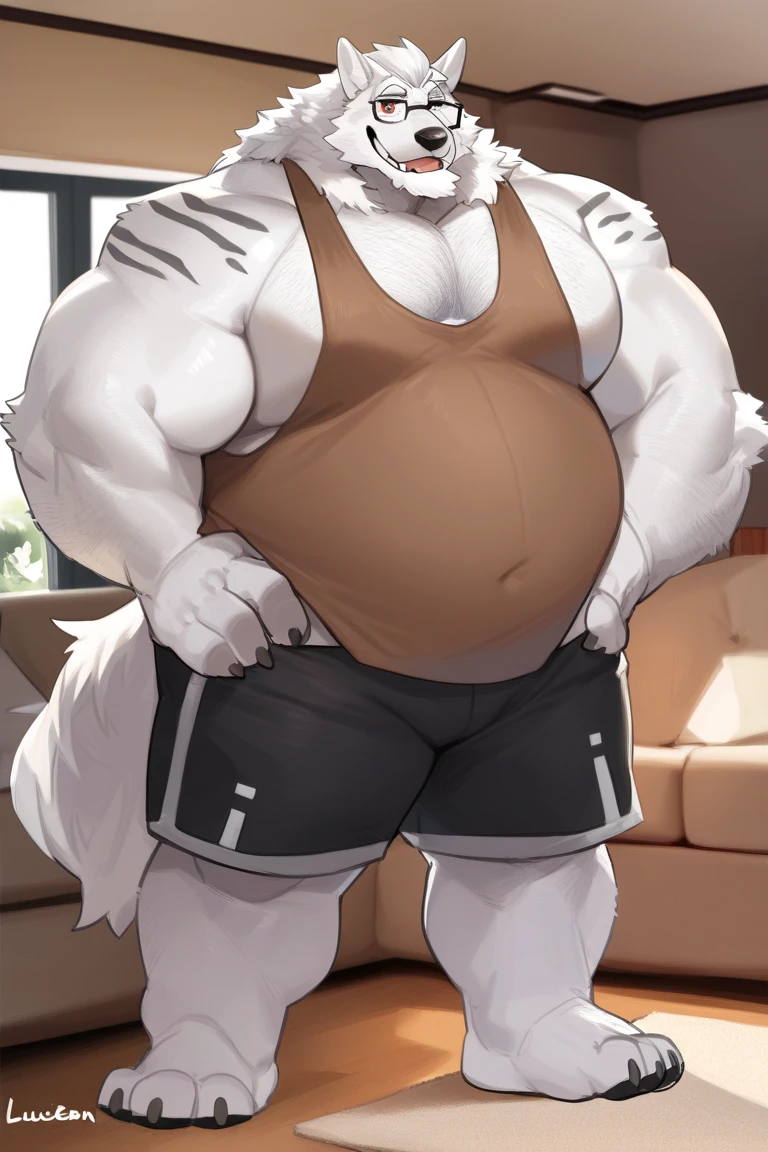 tmasterpiece,Anthropomorphic white tiger,male people,26 year old,Thick eyebrows,White hairs,hairy bodies,Strong body,large pecs,Bare topless,Red shorts,Stand in front of a convenience store,Wave goodbye,ssmile,looking toward the viewer,Golden pupils,adolable,Solo,frontage,Full body photo