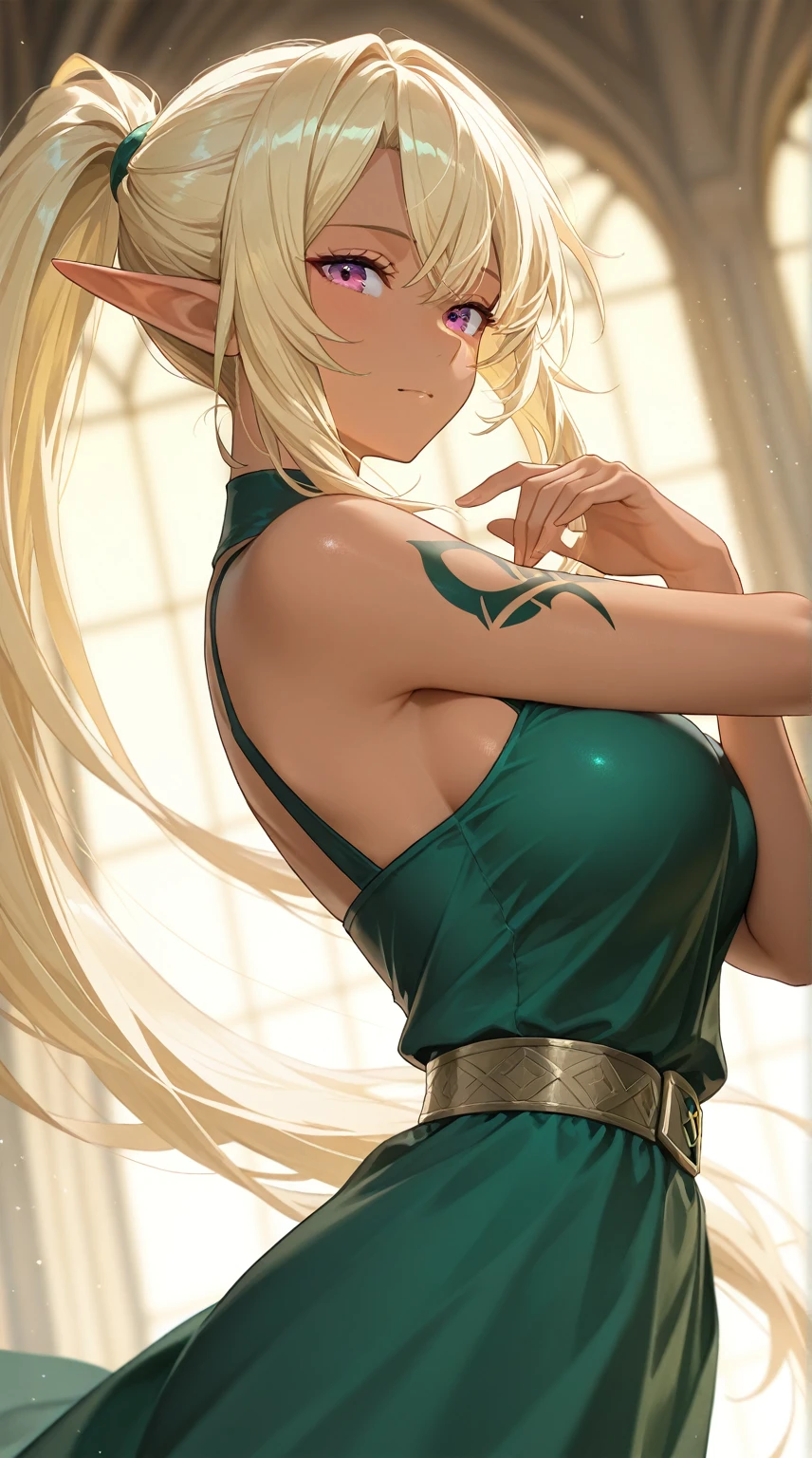 Deedlit,1girl,solo,pointy ears,blonde hair,long hair,elf,blue eyes,white background,simple background,upper body,jewelry,earrings,sleeveless,circlet,breasts,bare shoulders,dress,parted lips,green dress,bangs,sleeveless dress,parted bangs,small breasts,retro artstyle,traditional media,score_9,score_8_up,