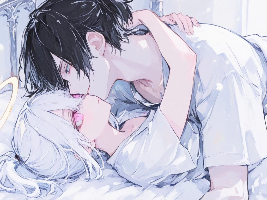 Amazing portrait of a boy and a girl aggressively making out on bed during night time and they're curious and nervous and blushing and sweating as it's their first time
