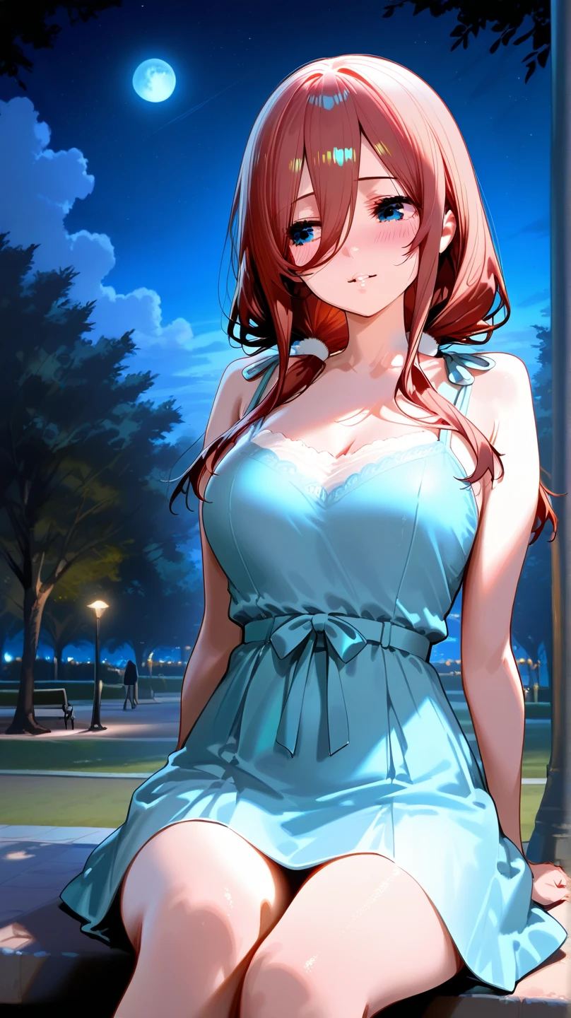 dishentaigirl, short hair, large breasts, blue eyes, floral sundress, park, sunset <lora:dishentaigirl_v6:0.8>, masterpiece, best quality