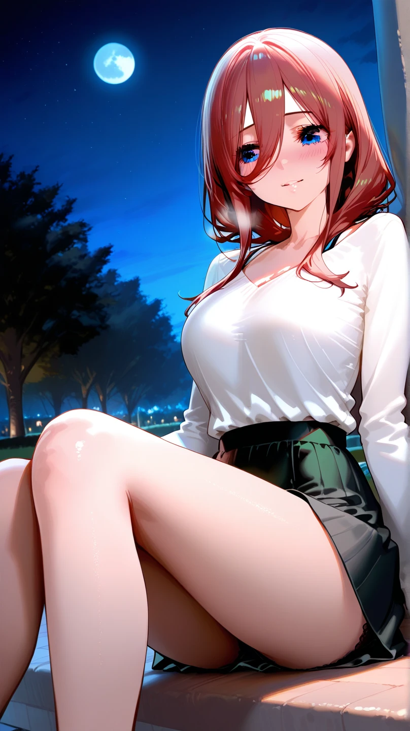 (masterpiece), best quality, expressive eyes, perfect face, highres, 1 girl, solo, shirou emiya girl, (red hair:1.5) (female body:1.3), medium hair, (brown eyes:1.5), (female body:1.3), blue pants, collarbone, pants, shirt, long sleeves, white shirt, oversized shirt, raglan sleeves, garden, landscape background, depth of filed, kneep up, barefoot, smiling sitting on floor, portrait, looking at the viewer, good ilumination, cinematografic light