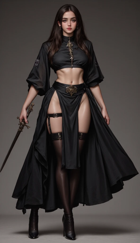 ((1girl, solo)), mature female, beautiful body, (perfect ???????, perfect body, perfect hands, perfect legs), (five fingers:1.5), natural proportions, sexy body, large breasts, cowboy shot, ((full body, full body front)) BREAK
((extremely detailed face)), (beautiful detailed eyes:1.6), (realistic pupils, realistic iris:1), expressive eyes, looking at viewer, (clear eyes:1.3), (hyperrealistic:1.2), (detailed skin texture:1.2), smooth skin, (black hair:1.5), red eyes, (detailed lips:1.2), (attractive lips:1.1), (glossy lips:1.1), (parted lips), perfect face, perfect eyes BREAK
(reveling clothes:1.5), witch hat, black dress, cleavage cutout, bare shoulders, detached sleeves, fingerless gloves, ((belt)), (pelvic curtain:1.3), thighs, (groin:1.5), no panties, (black thighhighs:1.5) BREAK
(masterpiece:1.5), anime-style, top quality, best quality, (beautiful and aesthetic:1.2), (ultra detail:1.5), Ultra-detailed depiction, Ultra-precise depiction, extremely detailed 8k illustration, high resolution, (highly detailed shading:1.2), (realistic lighting:1.4), perfect lighting, vibrant colors, dynamic tones, striking hues, 8k, absurd resolution, perfect shadows, hdr, UHD, ambient lighting, realistic, ultra-realistic, photo realistic, highly detailed, rich detail, luminous colors, fine texture, intricate design, professional illustration, (soft light:1.2), (illustration:0.7)
