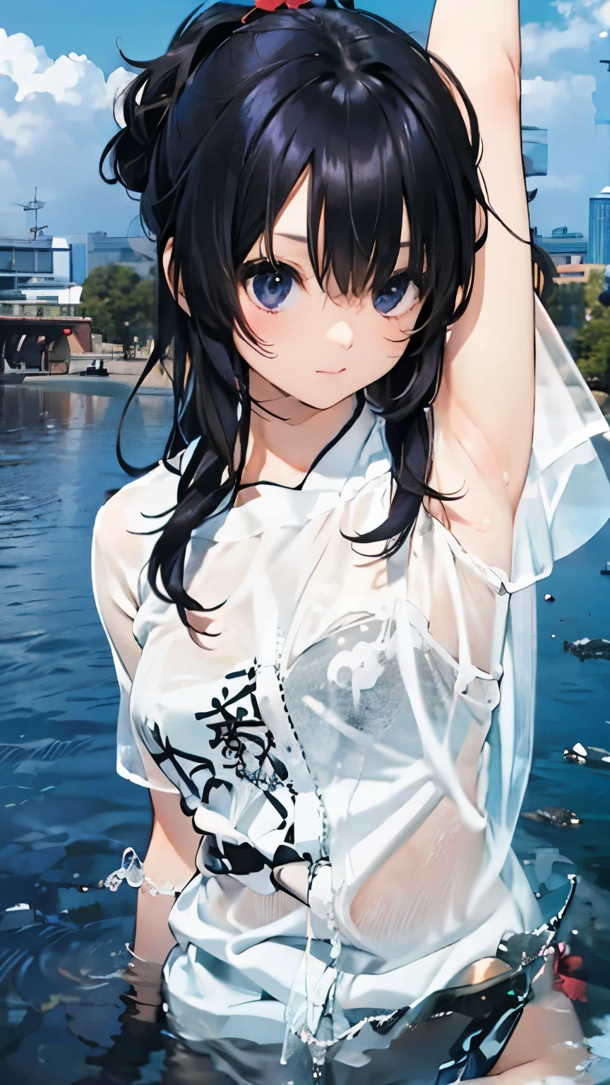 Beautiful woman, cute, A dignified expression, smile, Fleeting Expression, Transparency, ponytail, Forward Shorthair, Black Hair, Blue Hair, Silver Hair, flower, Cool, Clear sky, The wind is blowing, Gradient Hair, Ray Tracing, reflected light, Anime Style, masterpiece, Highest quality, Anatomically correct, Accurate, Super Detail, High resolution, Pink Lips, White skin, The face is facing straight ahead, not turning left or right, Head to leg, naked, lingerie, underwear, hot spring, Change of clothes, bath towel, lure