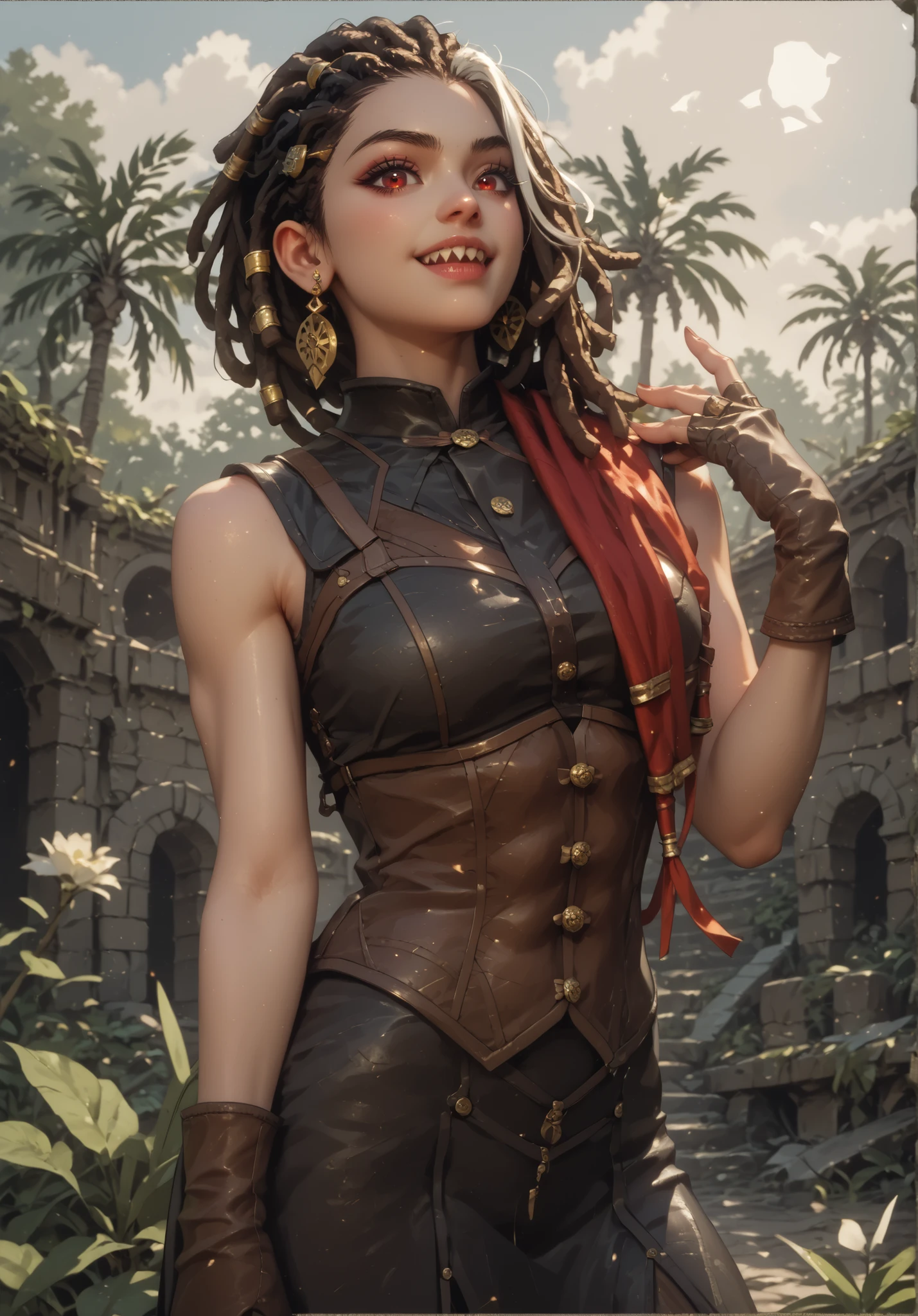 Slender body. White skin. Cute 18-year-old Asian girl with Asian red eyes and sharp teeth and dreadlocks with white highlights. She has a cute and beautiful face. She has a round and young face with a pointy chin. Her body is athletic with abs. She wears medieval an intricate medieval leather clothing with buttons. Background: medieval jungle ruins. Realistic lighting. DnD art-style. Looking at the viewer.