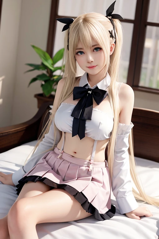 masterpiece, high quality, 1girl, gyaru, blonde hair, pink eyes, school uniform, thighhighs, pink bra