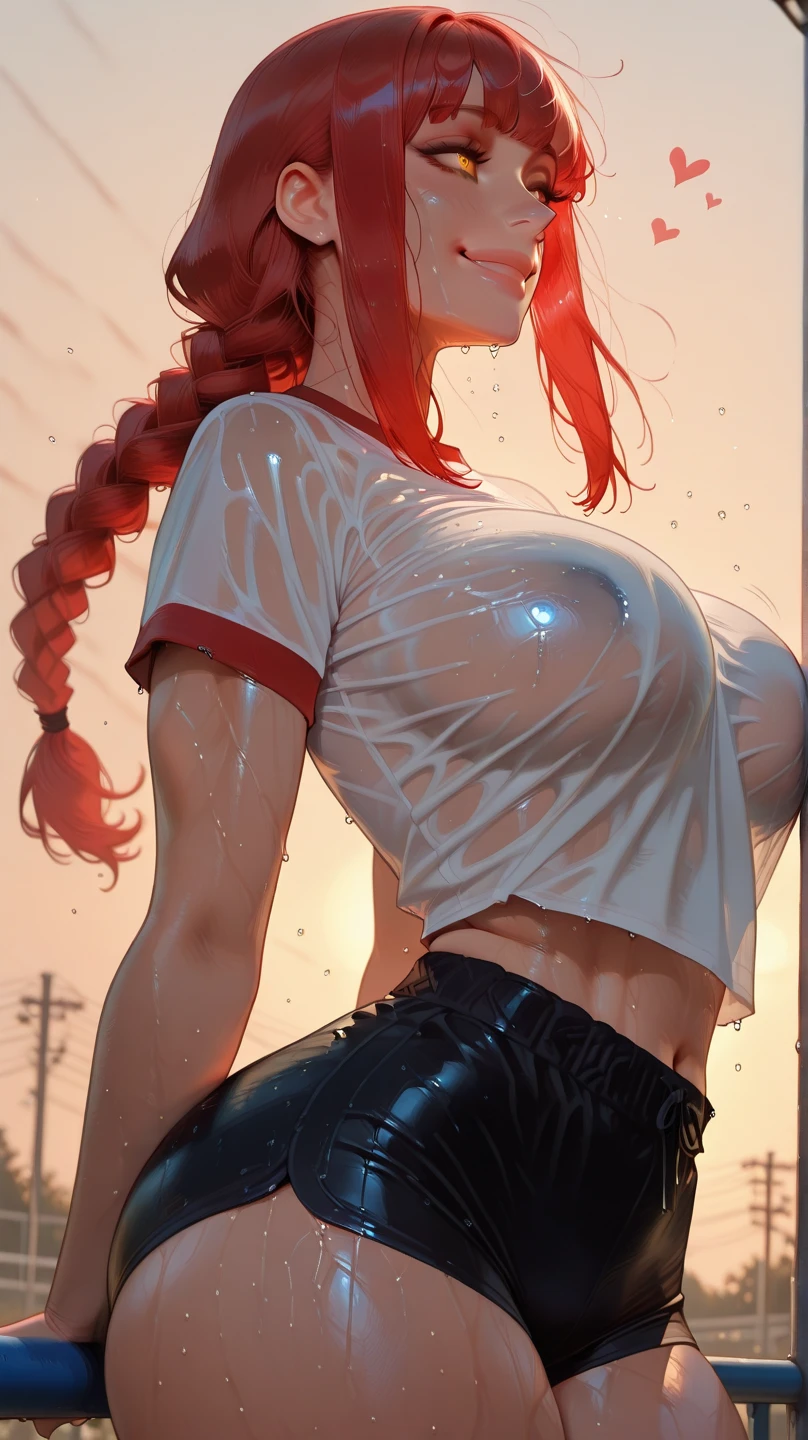 masterpiece, best quality, 1girl, solo, redhair, twintails, very long hair, blue eyes, hair scrunchie, looking at viewer, lips, parted lips, cowboy shot, pantyhose, short shorts, turtleneck, t shirt, cleavage, ahegao face, wet clothes, big breasts