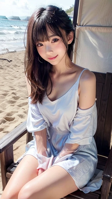Best quality, masterpiece, ultra-high resolution, 8K, (reality: 1.4), RAW shooting, most detailed face, very detailed and perfect anatomy, live photography; most beautiful face; shining skin; one 18-year-old Japanese.My bangs and eyes are big and cute.It has brown eyes, gentle eyes, long brown hair, a young face, and a large chest.E-cup. Look at the audience.angelic smile.Off-shoulder dress, beach, beautiful legs,