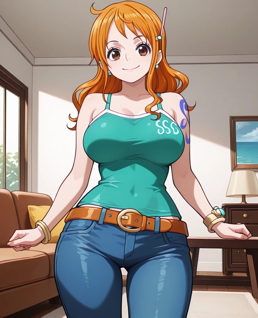 a cartoon picture of a woman in a bikini top and jeans, nami one piece, nami from one piece, nami, beautiful portrait of nami, from one piece, oppai, blue eyes, smoking, ponytail, nsfw