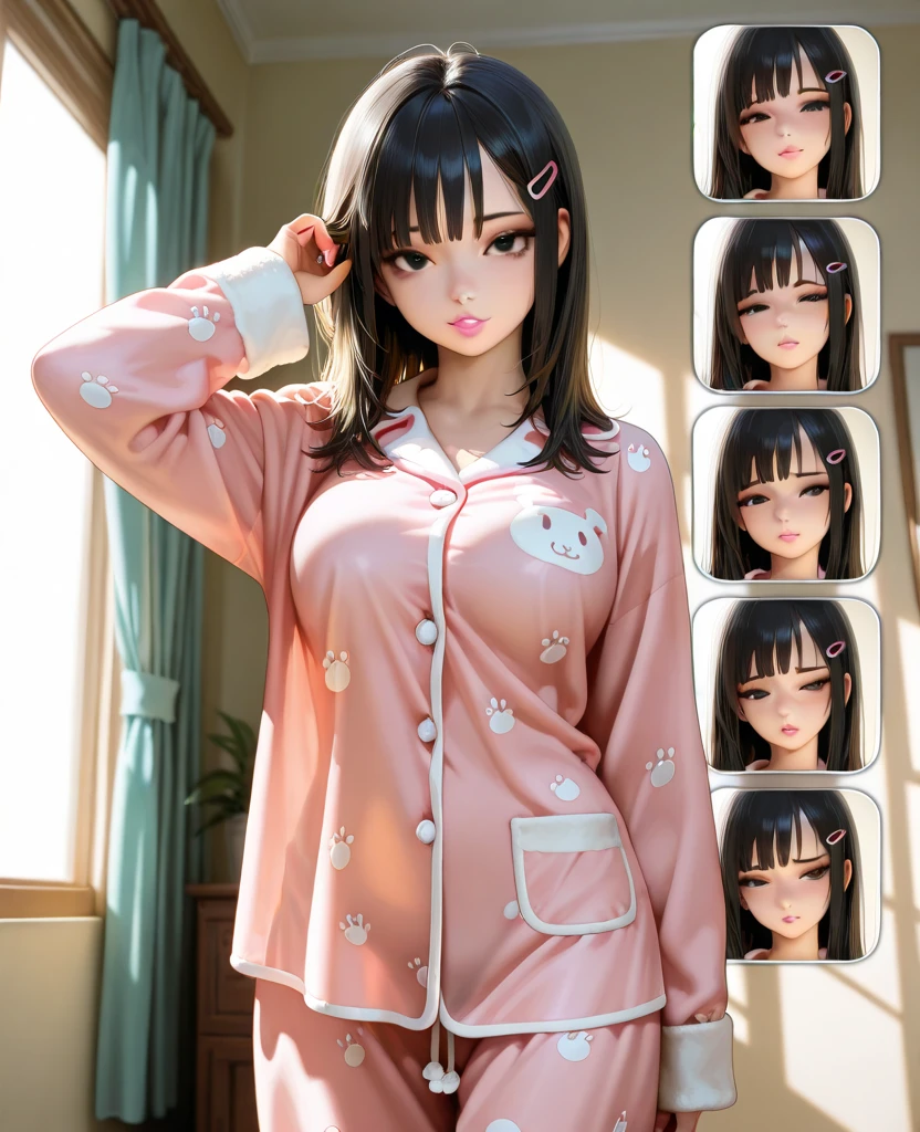 masterpiece、high quality、Oval Face、Long black straight hair、Heavy bangs、Cute girl wearing pink pajamas posing on sofa, Nightwear, Wearing pajamas, 白いWearing pajamas, Pink clothes, Wearing loose pajamas, (night:1.5, Dark Room:1.5, Dim lighting), Smooth, white, fluffy clothing、Cute face with arms and legochako, Brush Sticker, Big cleavage、gochako, Brush Sticker, Big cleavage、(Japanese jirai type girl:1.5, jirai type makeup:1.3)、