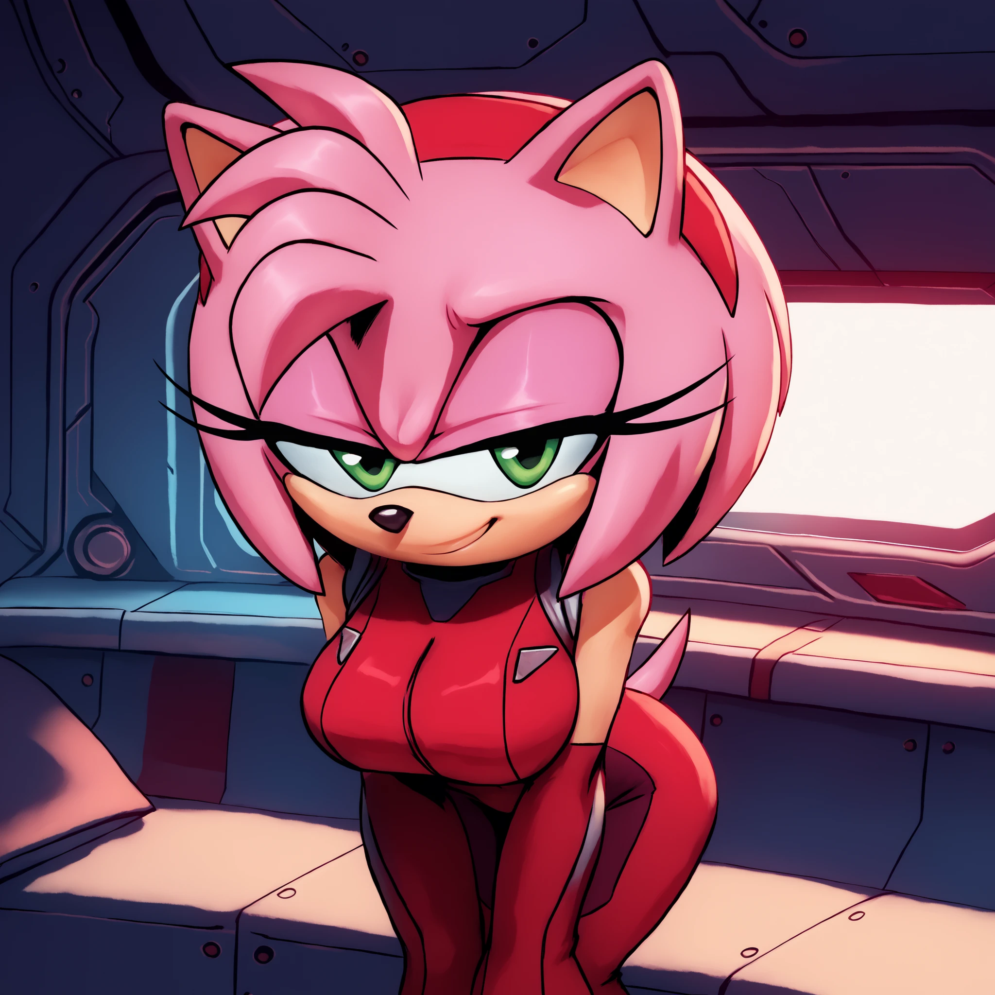 (Hair bangs), long pink quills, (long hair), Amy Rose, green eyes, pink fur, black eyes, zero suit, ((rose red suit)), Mobian hedgehog, 1girl, (hedgehog), bigdad/character, (Mobian), female, young adult, large breasts, solo, smile, bending forward, looking at viewer, half closed eyes, makeup, (futuristic bedroom), spaceship, indoors, (masterpiece), best quality, highres, 4k, 8k, Detailed Illustration, intricate detail, cinematic lighting, amazing quality, amazing shading, soft lighting,