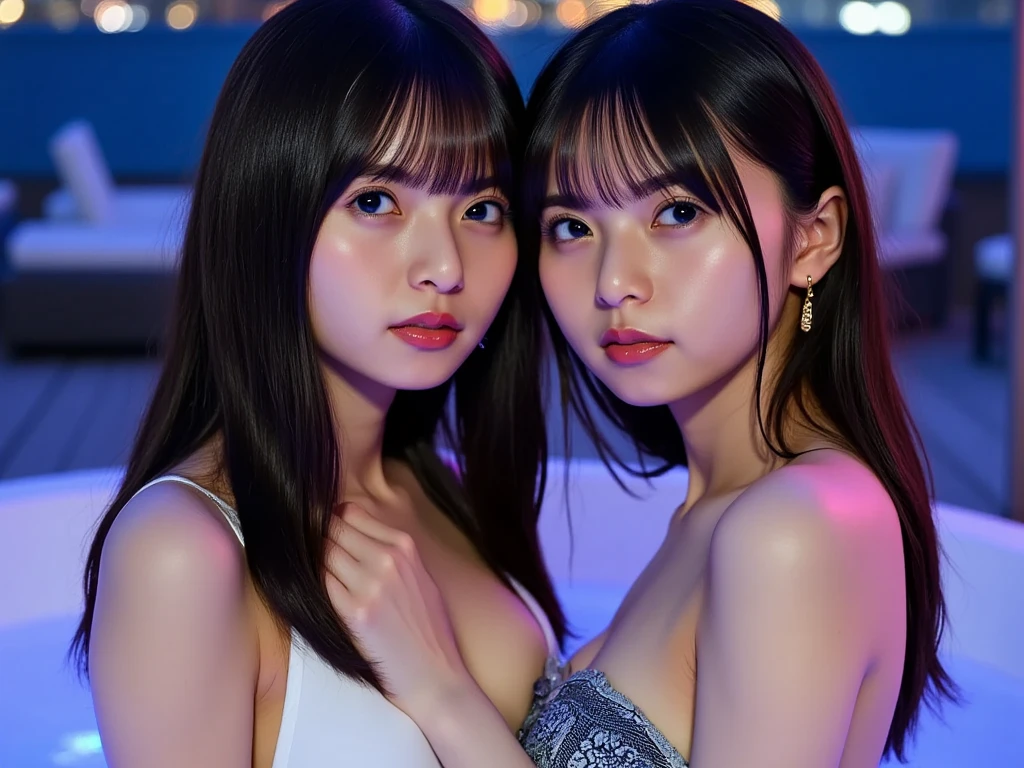 A very beautiful moonlit night、A woman with a very cute face like an idol、Cleavage、Facial depictions indistinguishable from real-life imageasterpiece