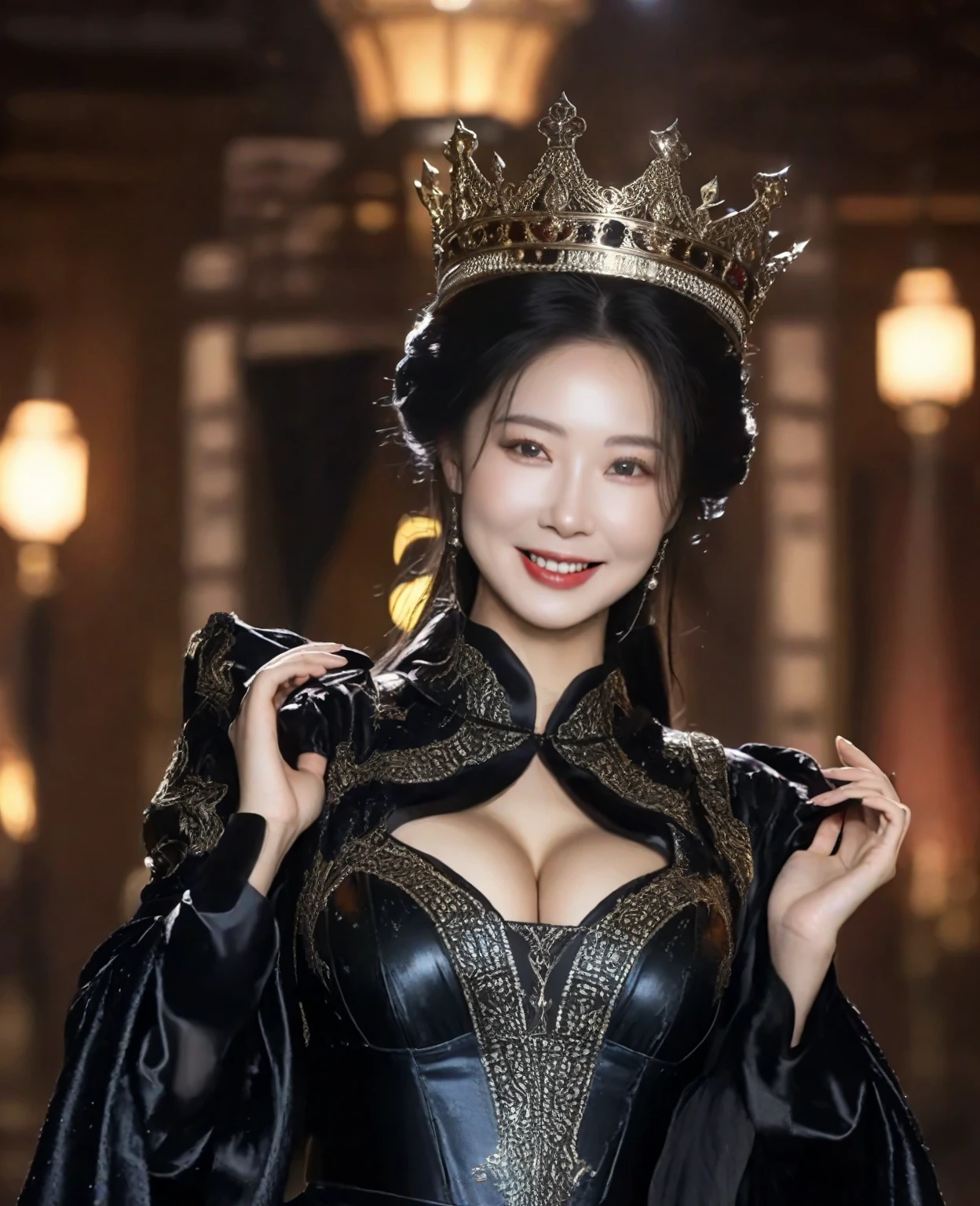 Professional , masterpiece、top-quality、photos realistic , depth of fields (Gemstone Black Metal Body:1.9),(Enamel Black、(cleavage of the breast)、(Chinese Dragon)、Mystical expression、Dragon Gold Weapon(Dragon Metal Body:1.4),Gorgeous gold weapons ,(( Dragon's dense and gorgeous sword)) , 、blood splashing、 ,warhammer 40k , adepta sororitas,Detail and gorgeous crown、((Brown hair))、(The dragon)、(Castle background)、The dragon、((Gangle's forest background))、Beautiful Caucasian beauty、(1a person)、dynamic ungle,(((Detailed and ornate dragon helmet)))、Smaller head、A smile、Castle background、Thin and beautiful female hands、cleavage of the breast、Mystical expression、Light Effects、Wind-effect、magic circles、With the legendary magic wand、(demonic wings)、Toostock、