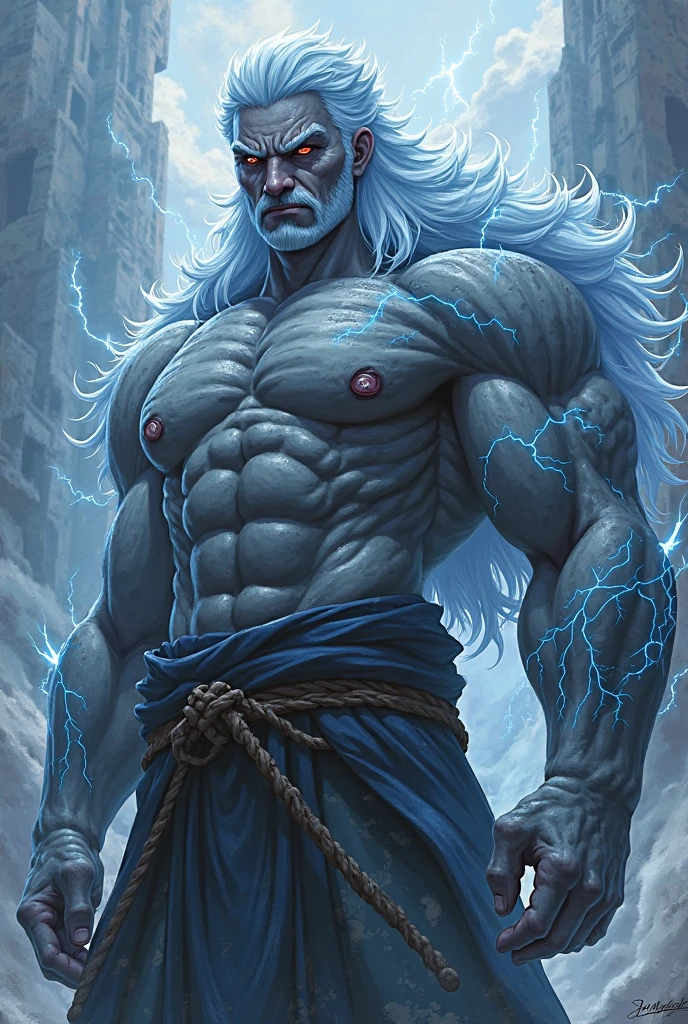 Iron is an imposing jotnar, with a height that easily exceeds 8 meters. His skin is a pale gray tone, almost like stone, dotted with natural markings that resemble ancient runes etched into her flesh. These marks seem to glow faintly in the moonlight., giving it a mystical aura.
Her hair is long and pure white., cascading over his broad shoulders and back. She wears it tied in a high ponytail or in thick braids so that it does not interfere with her movements during combat.. On beard, also white, It is thick and well maintained, reaching up to his chest. His eyes are a deep blue color, like the ice of glaciers, but with a serene and penetrating gaze that reflects his wisdom and experience.
Iron's body is covered in well-defined muscles., evident even under their thick skin. Despite its size, Their movements are fluid and controlled, result of years of karate practice. Wear a simple but functional outfit, composed of a hakama made of resistant fabric, made of a dark material that contrasts with your skin. Around his waist he wears a wide belt, made of arctic beast leather, on which hang amulets of bone and stone, symbols of their connection with nature.
On his arms and legs, Iron wears reinforced fabric bandages, that help protect their limbs during combat. These bandages also have a symbolic meaning., representing the discipline and control he has learned through his training. on your feet, wears thick leather sandals, Although in combat he prefers to be barefoot to feel the earth and the energy of the environment..
Iron does not carry weapons, since he relies on his physical strength and karate techniques to defend himself. However, He always carries a small talisman hanging from his neck, a gift from the old human who taught him the art of karate. This talisman is a stone carved with a symbol that represents the balance between body and