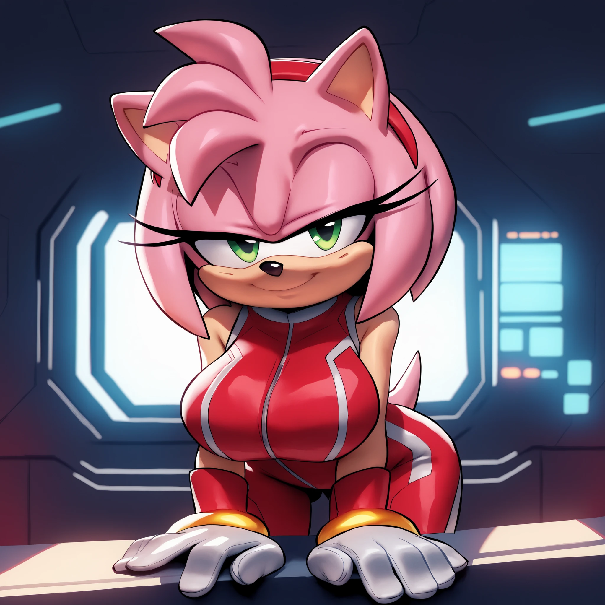 (Hair bangs), long pink quills, (long hair), Amy Rose, green eyes, pink fur, black eyes, zero suit, ((rose red suit)), Mobian hedgehog, 1girl, (hedgehog), bigdad/character, (Mobian), female, young adult, large breasts, solo, smile, bending forward, looking at viewer, half closed eyes, makeup, (futuristic bedroom), spaceship, indoors, (masterpiece), best quality, highres, 4k, 8k, Detailed Illustration, intricate detail, cinematic lighting, amazing quality, amazing shading, soft lighting,