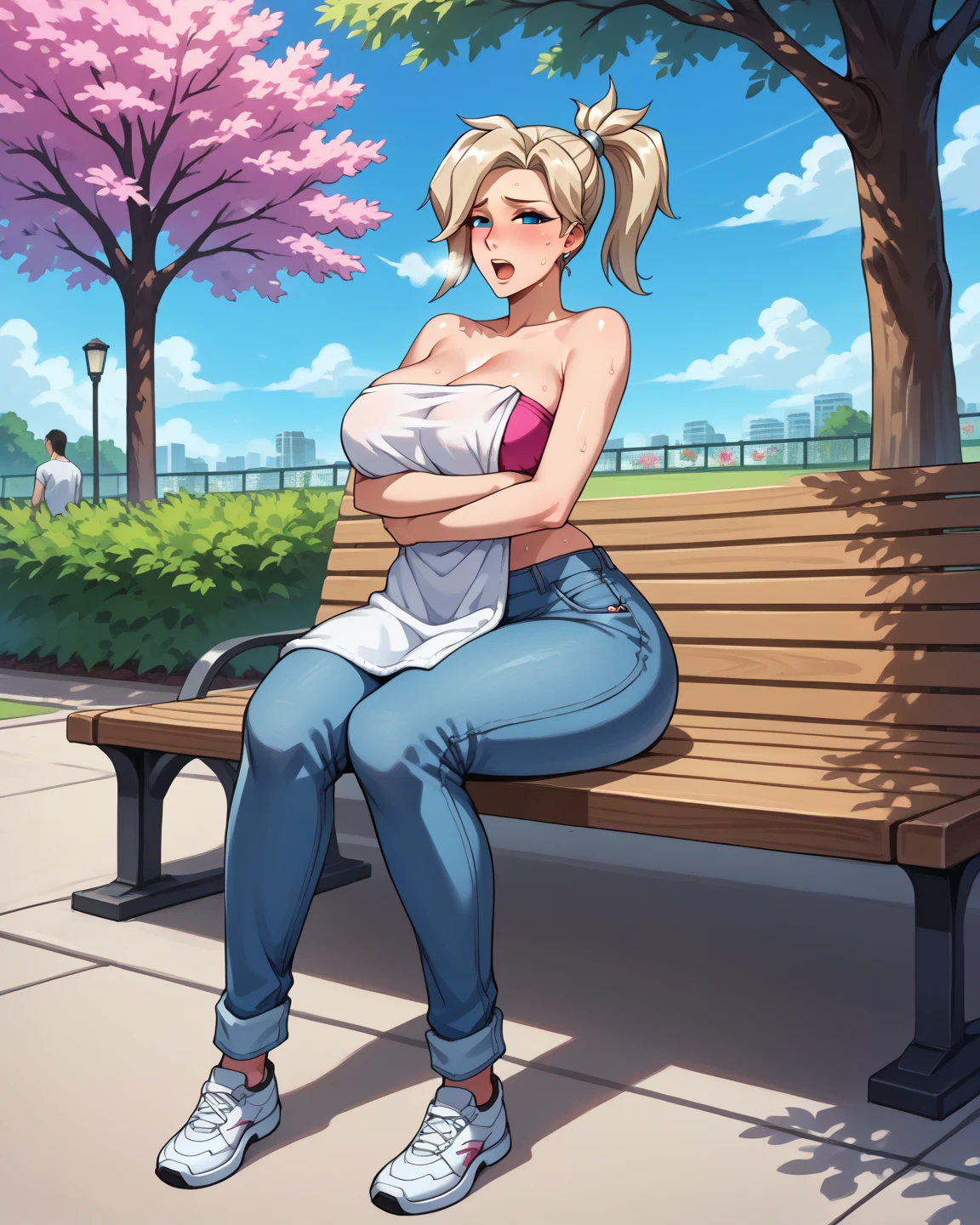 Score_9, score_8_up, score_7_up, score_6_up, source_anime, gyaru, slutty_clothes, sitting on bench, knee up, cowboy shot, fellatio gesture, heart, 1girl, solo, looking at viewer, blush, parted lips, white lips, thick lips, bimbo, gyaru, huge lips, front-tie top, pleated skirt, green skirt, white leg warmers, loose socks, loafers, clothes around waist, bracelet, curvy, voluptuous, large breasts, cleavage, midriff, outdoors, park, on bench, day, tree,