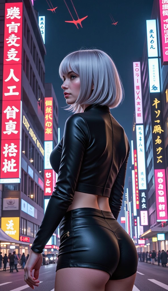(best quality, masterpiece, front low angle, highest detailed), upper body photo, fashion photography of cute platinum short hair girl , busty with petite build, European face, dressing high detailed red micro skirt ,latex crop top, sleeve less, deep neckline , generous cleavage , (high resolution textures), in dynamic pose, bokeh, (intricate details, hyperdetailed:1.15), , (busy street background), (official art, extreme detailed, highest detailed), HDR+