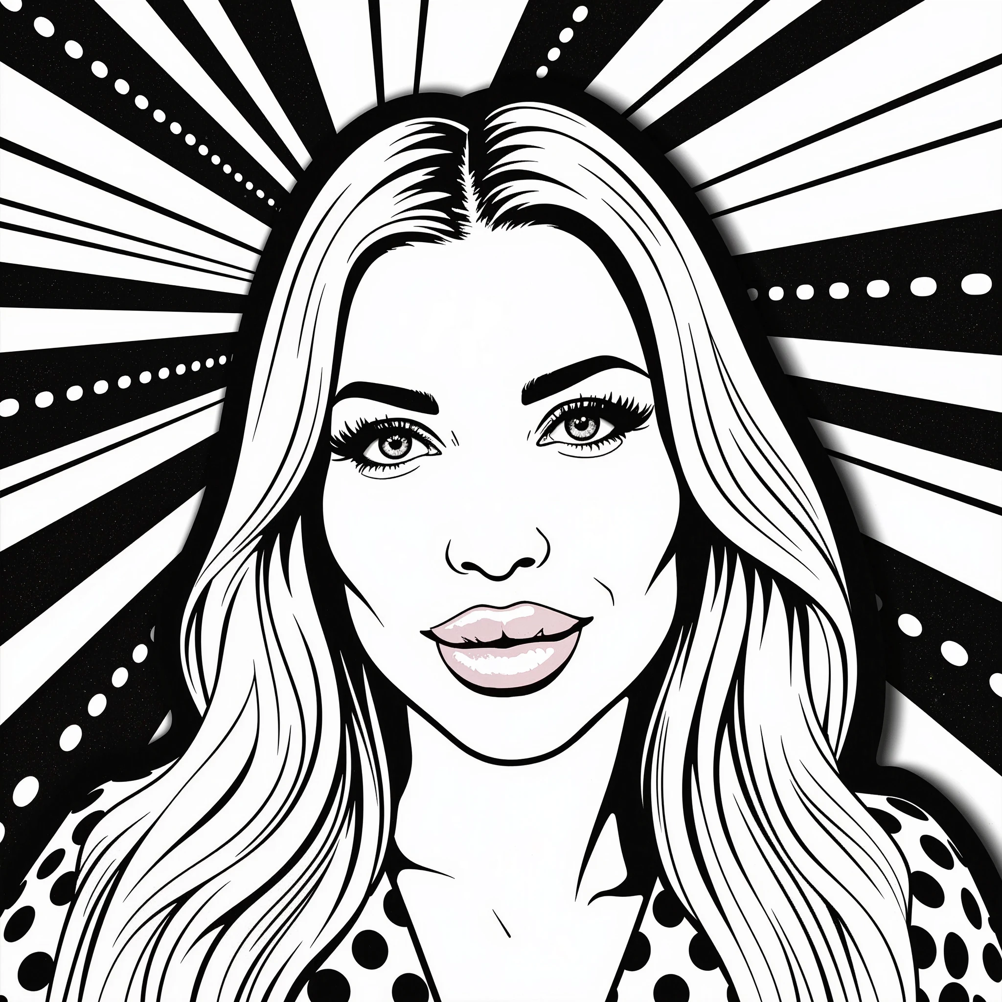 A dynamic, professional graphic design in a vibrant pop art style, featuring a black and white illustration of a mother-centric theme, specifically designed for a coloring book targeting mothers, with bold lines, geometric shapes, and abstract patterns, incorporating iconic pop art elements, such as Ben-Day dots and graphic textures, all rendered in a crisp, high-contrast black and white color scheme, devoid of any color, to serve as a backdrop for adults to express their creativity through coloring, with intricate details and decorative motifs waiting to be brought to life with a kaleidoscope of colors. the title of the coloring book is hot moms.