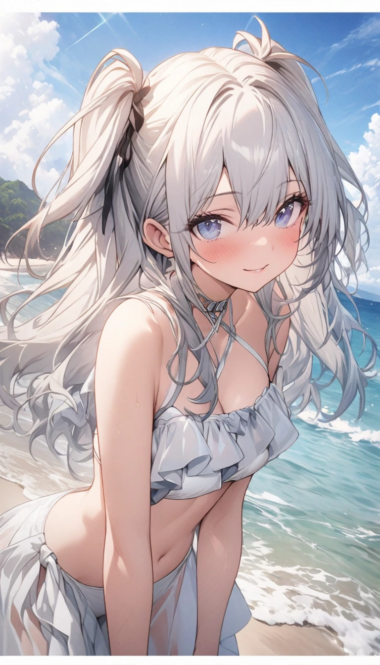 girl kawaii, 1 cute girl with cat ear and cat tail, extremely delicate and beautiful, cute, sense of digital, feet out of frame, best detailed girl, wet, girl, young, long hair blown up, Hair with flower, grey hair, cute face, happy, complex details beautiful and delicate eyes, cat ears, open mouth, large breasts, pale blue eyes, bright skin, Frill, hair bow, cross necklace, Bracelet, white bikini, cardigan, white Clothes, beach, beautiful blue sky and white clouds, bloom effect, wallpaper 8k CG, absurdres, masterpiece,