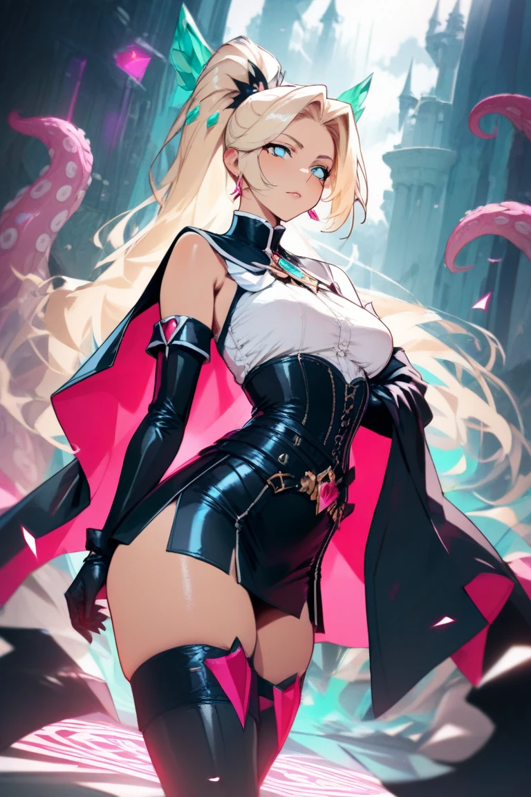 1girl, anime, cute girl, blank background, white background, fantasy, detailed fantasy dress with highlights, beautiful face, beautiful eyes, dark colors, pink hair with some streaks of blue strands, different color pupil in eye, medium small breasts (slightly big), slight cleavage, beautiful skin, cute, breast curtains, extremely delicate and beautiful, (beautiful detailed face:1.0), (detailed deep eyes), symmetrical breasts, deep eyes, shiny skin, portrait, slender waist, hips wider than shoulders, thighs, expressionless, young girl, luminous eyes, adorable,(Kpop idol),(aegyo sal:1),(Platinum blonde hair:1),((puffy eye)),Black panty,sexy posture,Superskirt, ultra high resolution,Black collar,slim figure, Abdominal y tattoo, womb tattoo,Tight-fitting leg ring,y tattoo on half-body,Bare skin, Armored hand,Hidden fingertips,Hand covered,Arm covered,Fist covered,{{beautiful detailed fingers}}, tufts of hair, moderate beautiful breast:1.0,