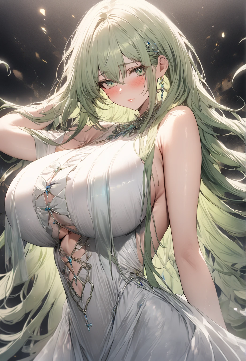 masterpiece:1.2, 1women, solo, (fate character, Enkidu), (best quality), (real picture, intricate details, depth of field), make up, parted lips, highly-detailed, perfect face, (huge breasts:1.8), (skindentation), attractive waist, tall, glossy coral lips, moderate musculature, moderate abs, (toned abdomen, beautiful navel), (extra long green hair:1.2), ((beautiful bright green eyes)), sexy, ((in loose white robe on naked body)), ((a white robe that hides the whole body)), (blushing, drunk), peaceful expression, disproportional tits, hanging breasts, (outdoors), (night mere at the edge of the forest))),