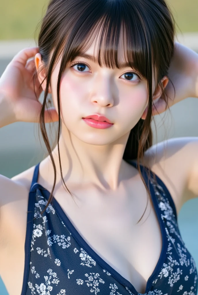 masterpiece、highest quality、16k、RAW Photos、Very detailed、Ultra-high resolution、Ultra-high resolution,Written boundary depth、Very detailed、Beach、bright、Cinema Lighting、Professional Lighting、Pale shading、Low contrast、Japanese、Beautiful woman、Smooth, Silky skin、Clear white skin、(Light blue bikini)、(Beautiful thighs:1.6)、(C cup breasts:1.0)、Beautiful and beautiful eyes、、Long eyelashes、Transparent double eyelids、Droopy eyes、Tear bags、(Thin eyebrows:1.0)、(Thin lips:1.0)、Natural Makeup、Natural color lip、A smile that makes people happy、(Floating Hair、Messy Hair、Long Wavy Hair、High Ponytail),(The bangs are see-through)、Head to thigh photo