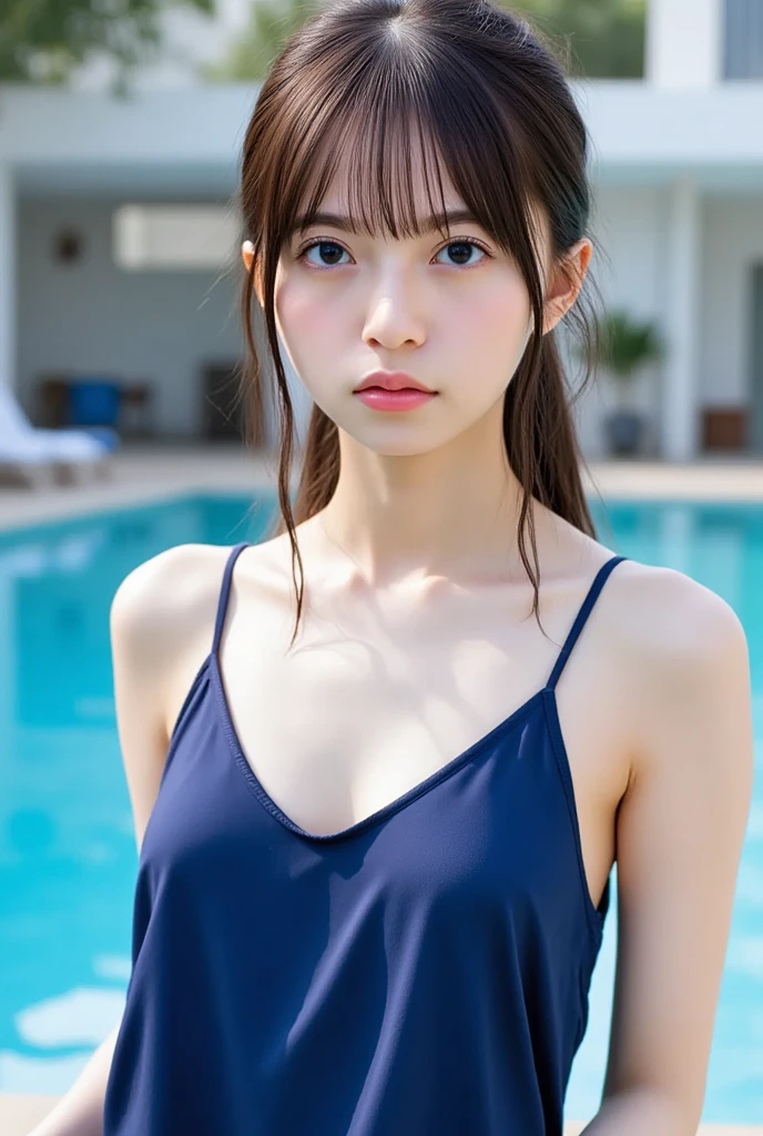 Sharp Photos、8K quality、 (Small breasts:2.0)、NSFW、Highest quality、Realistic images、Exquisite detail、Ultra-high resolution、8K、Summer sunshine、Professional Lighting、16-year-old girl、(Amazingly cute:1.2)、A sophisticated eye、((Brown eyes))、(Brown Hair)、From below、((from the front))、((Middle School Outdoor Pool))、Inviting eyes、mature look、Sweaty skin
