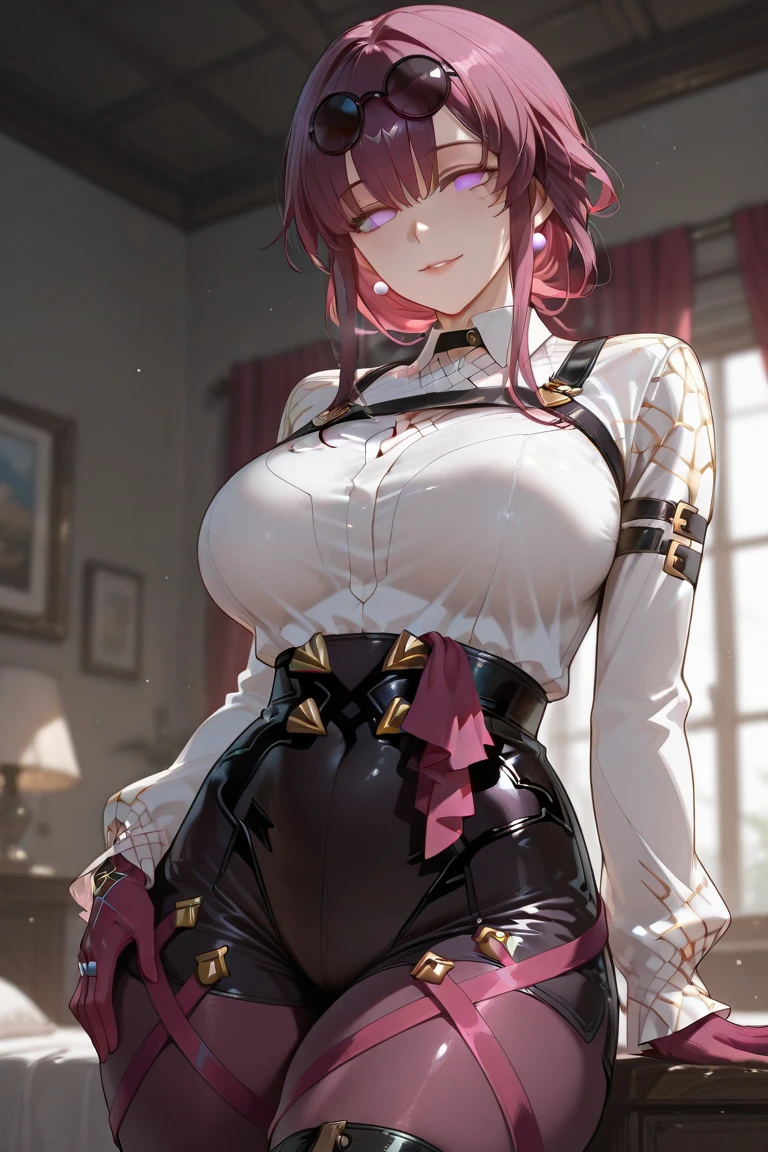 (masterpiece:1.2), best quality, high resolution, unity 8k wallpaper, (illustration:0.8), (beautiful detailed face:1.2, beautiful detailed eyes:1.2), perfect lighting, extremely detailed CG, (perfect hands, perfect anatomy),
Hot, sexy, shiny hair, lustrous skin,
milf, dramatic lights, blush smirk ,evil
kafka_a, purple eyes, large breasts, sunglasses, eyewear on head, harness, black jacket, white shirt, collared shirt, long sleeves, white sleeves, purple gloves, black shorts, thigh strap, pantyhose, boots,