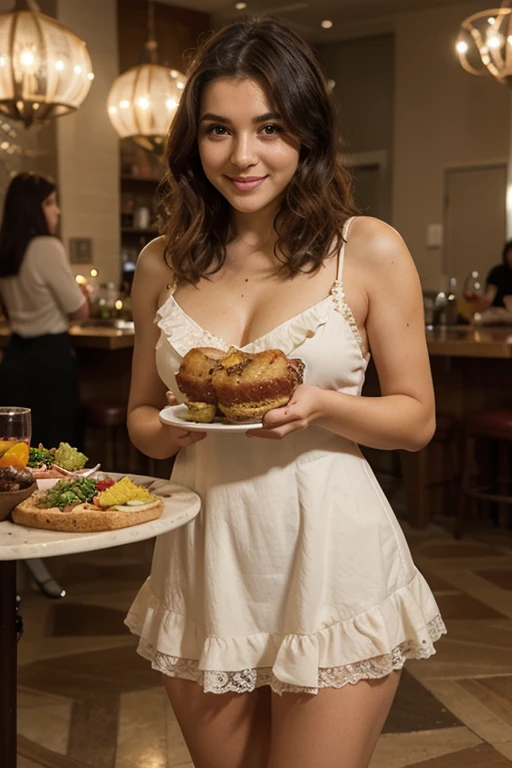 ((best quality)), (detailed), visage parfait, woman dressed in evening dress eats a hamburger with great desire. The hamburger is bitten with his mouth. Sale. Trash and trash cans around her. Elle mange sur une poubelle. En exterieur. En pleine nuit.