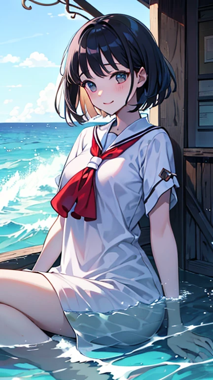 Deep Snow KC, One girl, Solo White Seravuk, , Short sleeve, skirt, blue skirt, Blue sailor collar, View your viewers,    port, port ,((White panties)) smile,blush, 