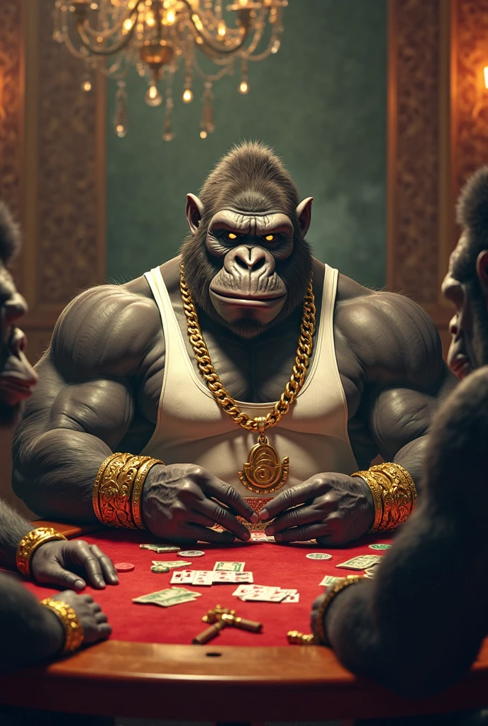 raw photography, though Gorillas playing cards, wearing huge gold chains, poker table, Gorilla on the left wearing sunglasses, Gorilla on the right wearing a cap, highly detailed hair, hyperrealism, intricate, masterpiece, 8k, sharp, high detail, beers on the table, background casino, neon lights, tobacco, soft light,
